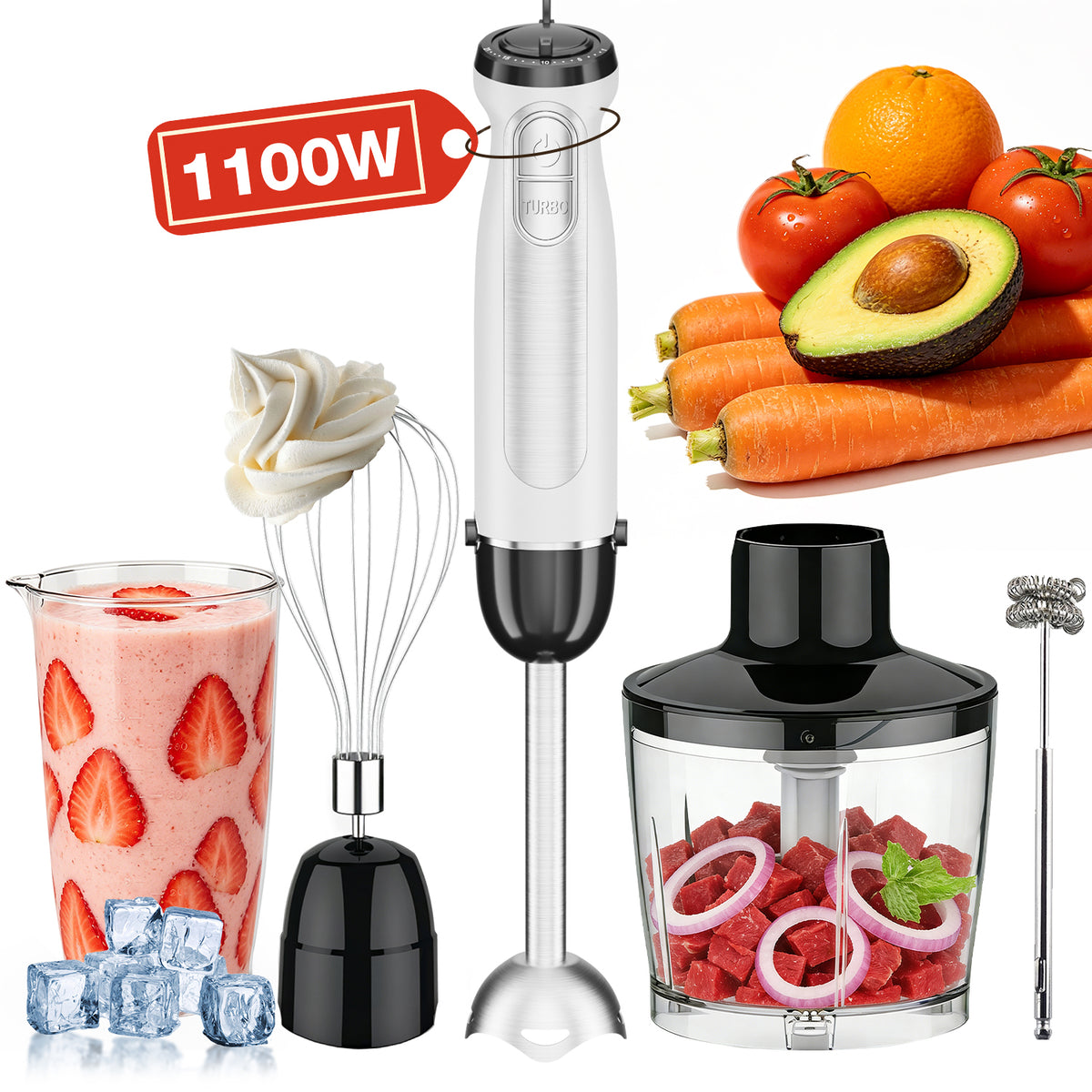 1100W Immersion Blender, 21-Speed Hand Blender with Turbo Mode, 5-in-1 Stick Blender for Smoothies, Baby Food, Soups, Purees, White