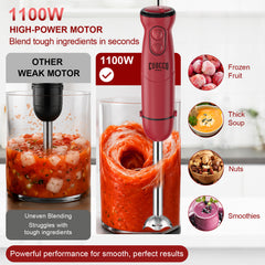 CUOCCO PRO Immersion Blender Handheld, 1100W Hand Blender with 21 Speeds & Turbo, Hand Mixer for Smoothies, Soups & Baby Food, Dishwasher Safe, Red