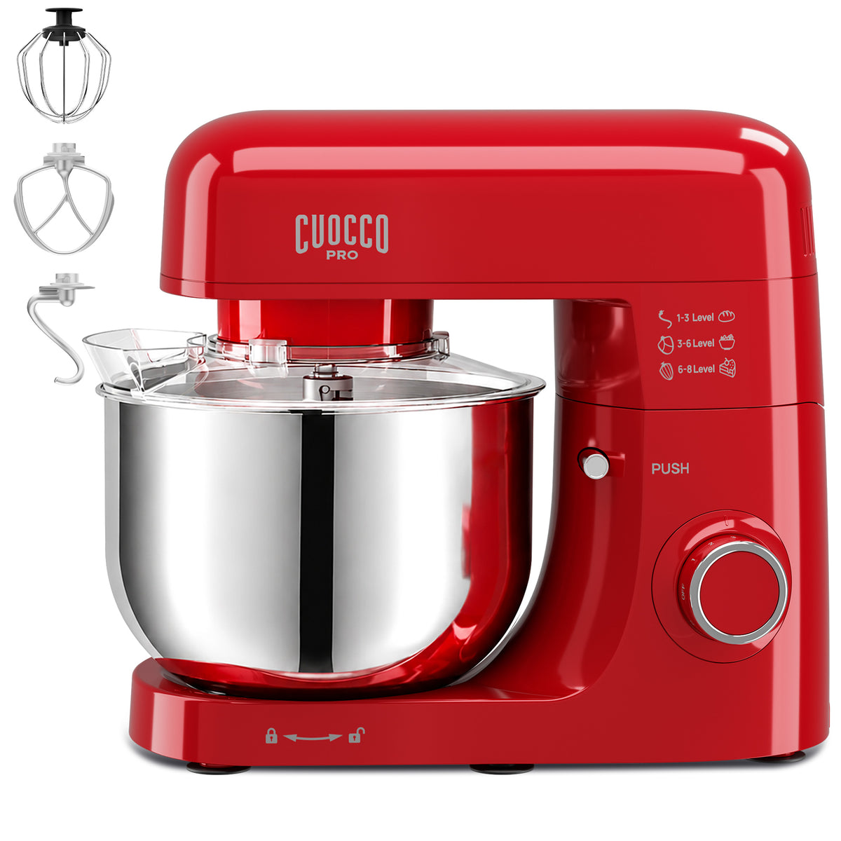 CUOCCO PRO 6.5 Qt Stand Mixer, Mixers for Kitchen, Handles Up to 1100g/2.4 lb Dry Flour, 1200W Peak, 8 Speeds + Pulse, Dough Hook, Beater & Whisk for Bread & Pizza, Cake & Cookies
