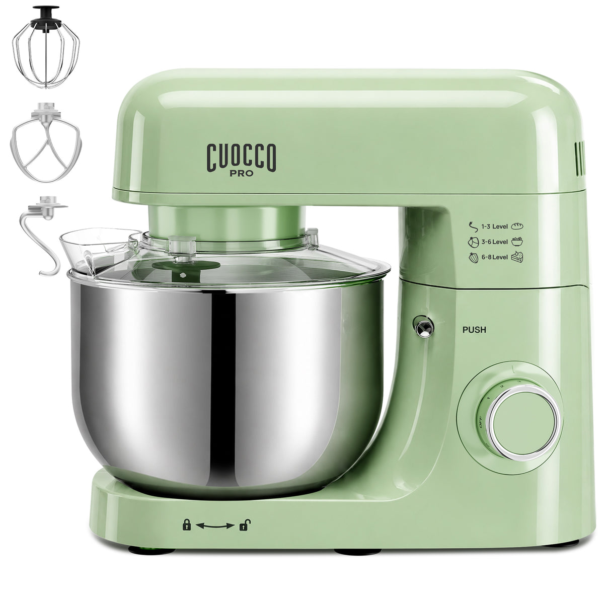 CUOCCO PRO 6.5 Qt Stand Mixer, Mixers for Kitchen, Handles Up to 1100g/2.4 lb Dry Flour, 1200W Peak, 8 Speeds + Pulse, Dough Hook, Beater & Whisk for Bread & Pizza, Cake & Cookies