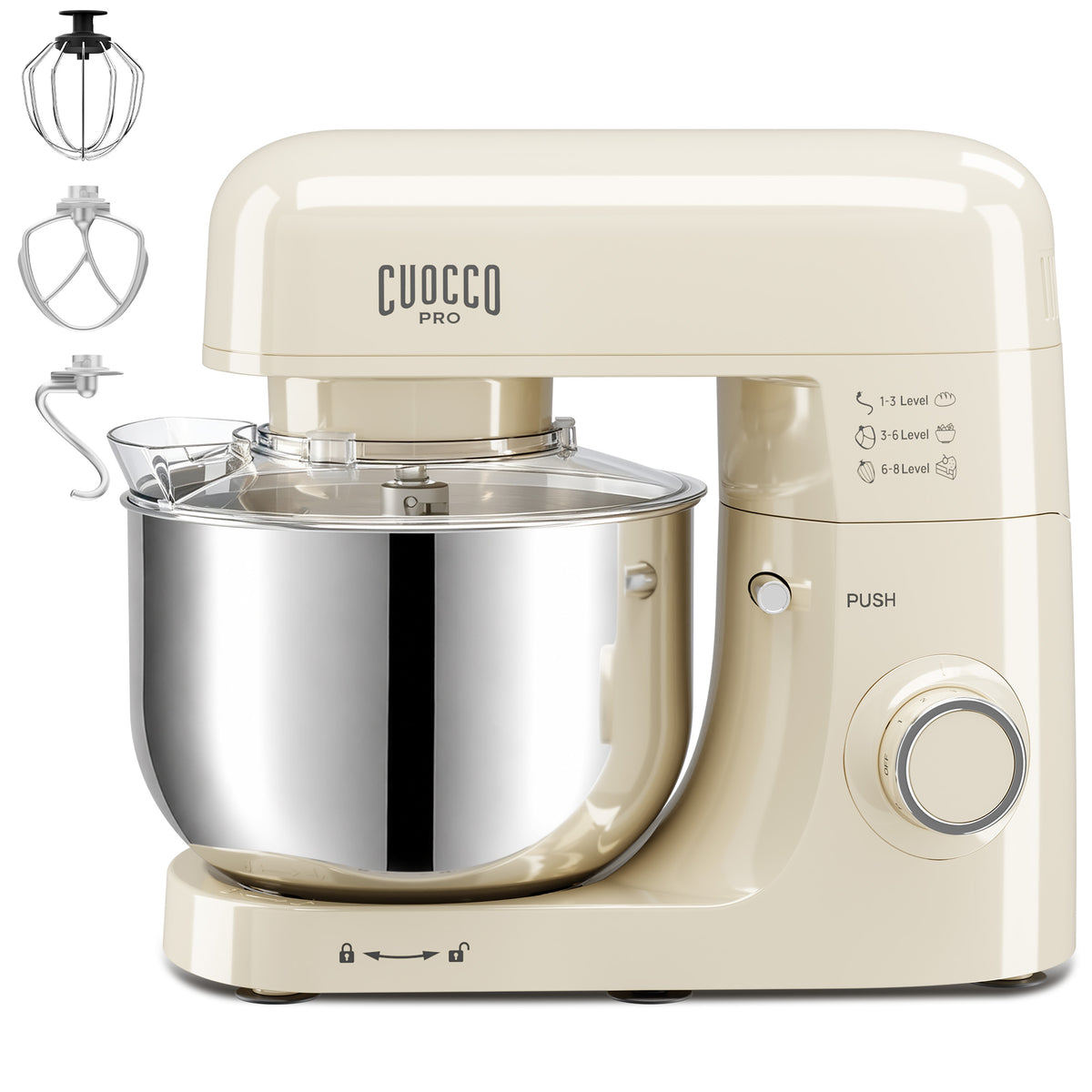 CUOCCO PRO 6.5 Qt Stand Mixer, Mixers for Kitchen, Handles Up to 1100g/2.4 lb Dry Flour, 1200W Peak, 8 Speeds + Pulse, Dough Hook, Beater & Whisk for Bread & Pizza, Cake & Cookies