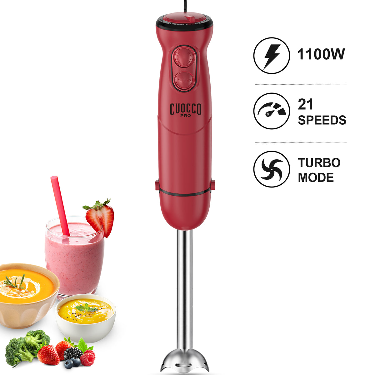 CUOCCO PRO Immersion Blender Handheld, 1100W Hand Blender with 21 Speeds & Turbo, Hand Mixer for Smoothies, Soups & Baby Food, Dishwasher Safe, Red