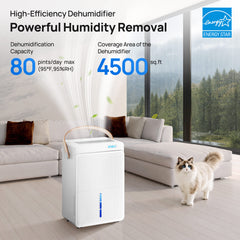 Dehumidifier for Basements and Large Rooms, MAX 80 Pints, Up to 4500 Sq.Ft, Dehumidifiers for Home with Drain Hose, Intelligent Humidity Control, Dual Timer(at 95°F, 90% RH)