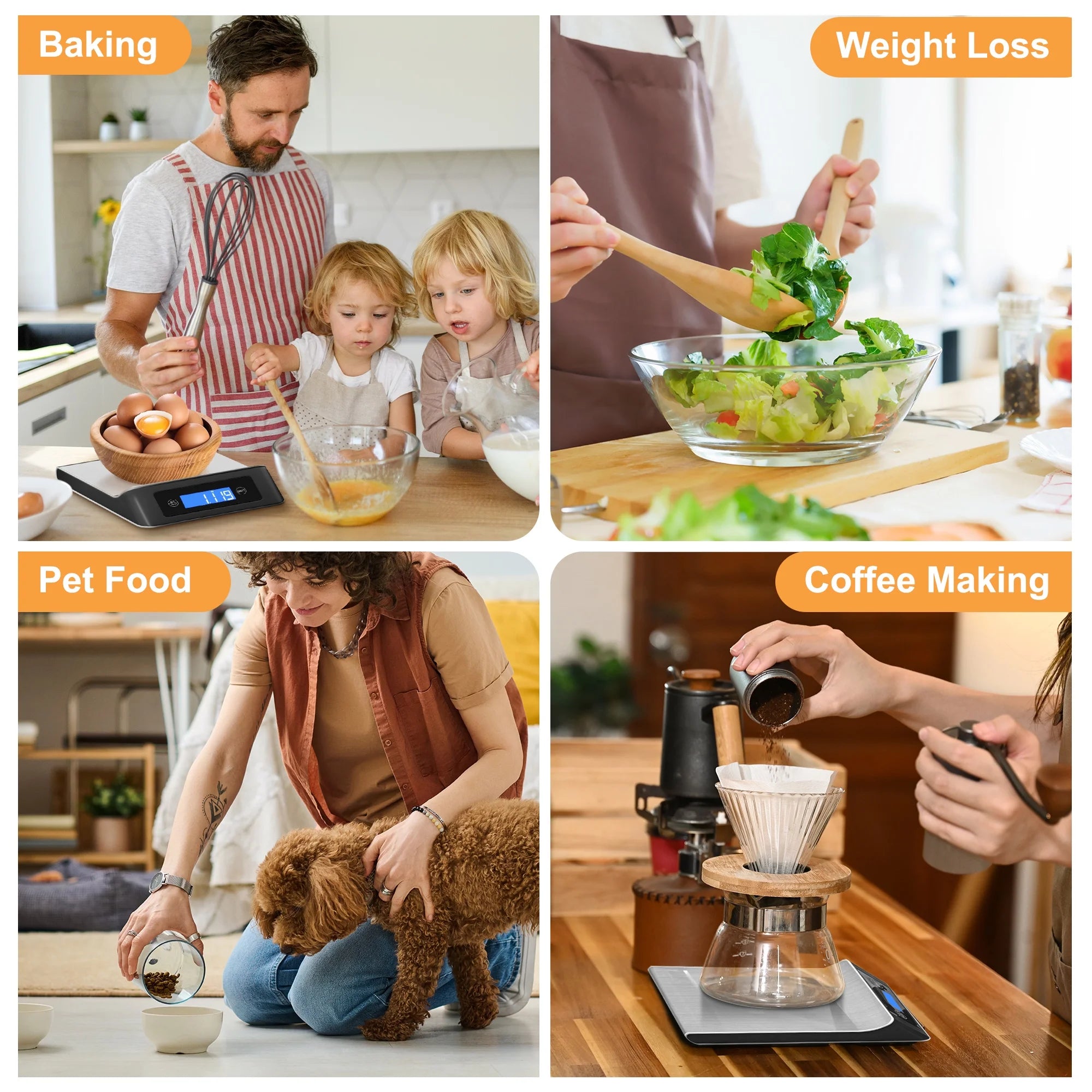 Food Scale, Kitchen Scale, MULISOFT Food Scales for Kitchen, LCD Display in Grams, Ounces, Pounds, Kilogram, Milliliter, Stainless Steel, 7 Units with Tare Function