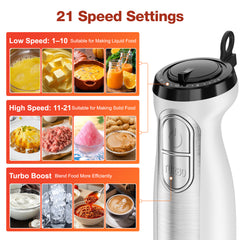 1100W Immersion Blender, 21-Speed Hand Blender with Turbo Mode, 5-in-1 Stick Blender for Smoothies, Baby Food, Soups, Purees, White