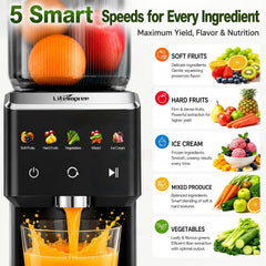 Juicer Machines, Touchscreen Cold Press Juicer with 5.4" Wide Chute, Slow Masticating Juicer with 5 Smart Speeds, High Juice Yield, Easy to Clean & Dishwasher Safe, Quiet Motor