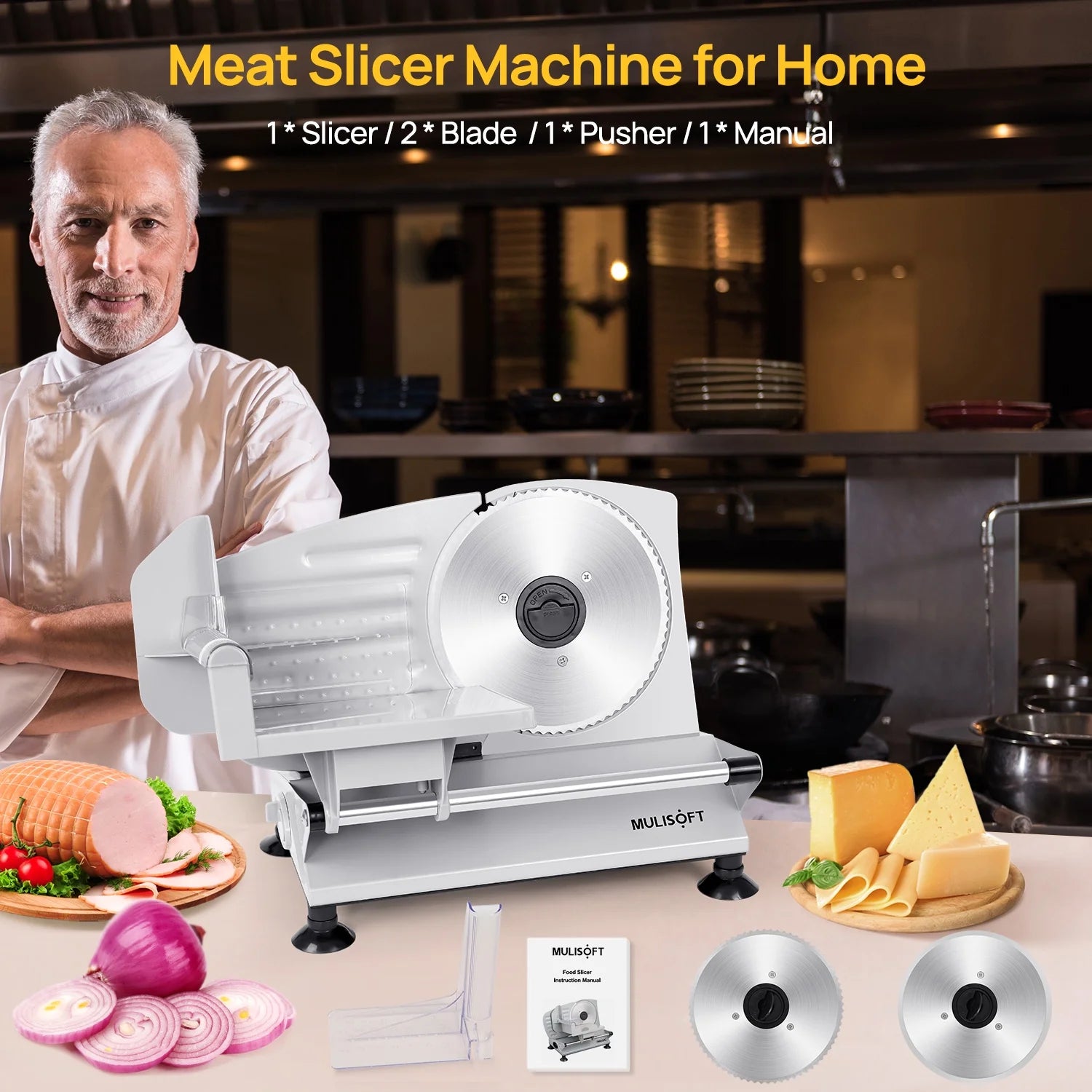 MULISOFT Meat Slicer for Home Use – 2 Removable Stainless Steel Blades, Adjustable Thickness, Child Safety Lock – Cuts Meat, Cheese, Bread