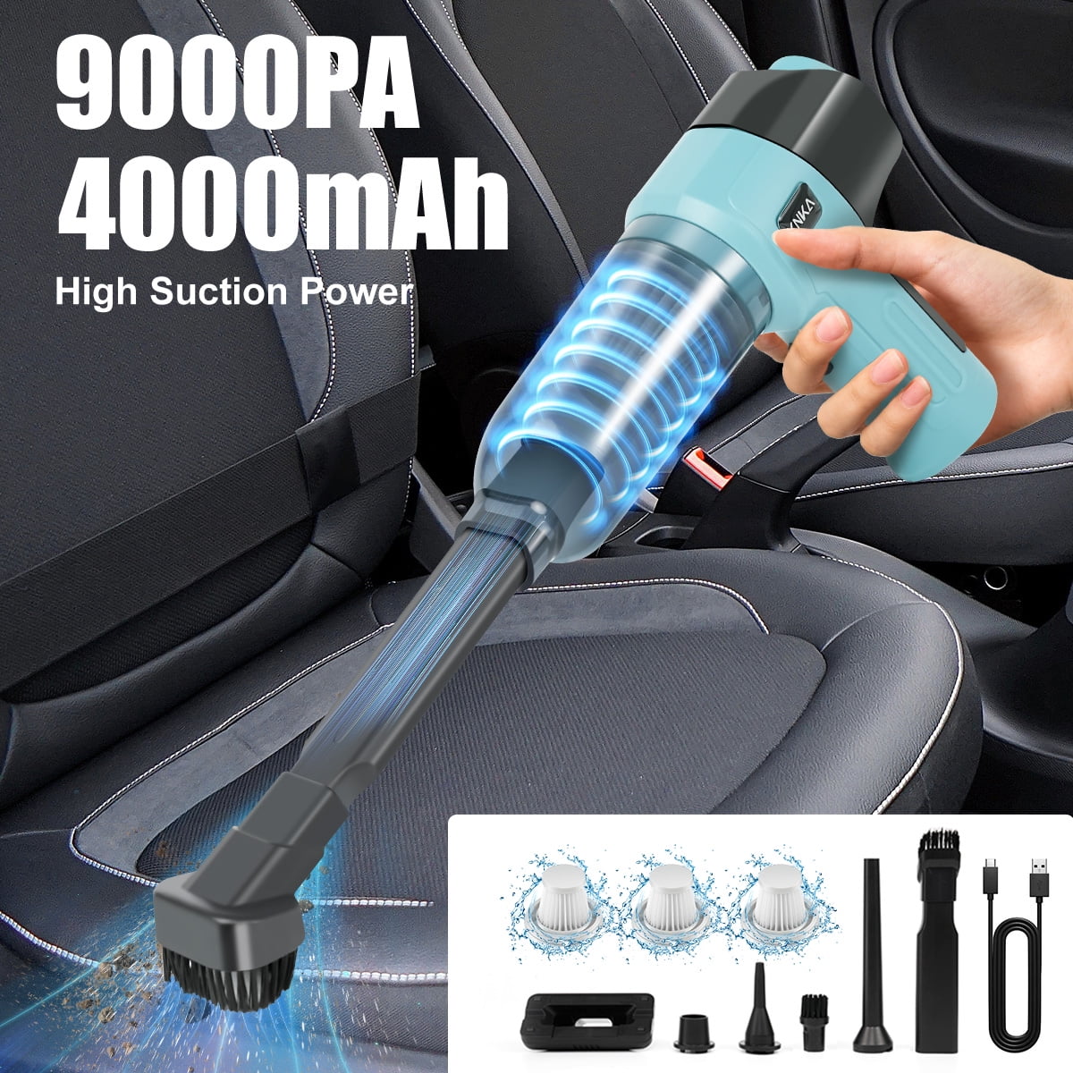KNKA Car Vacuum Cleaner, Mini Car Vacuum Cleaner for Car, Home and Office, 9000Pa Powerful Suction with 3 Filters, Blue