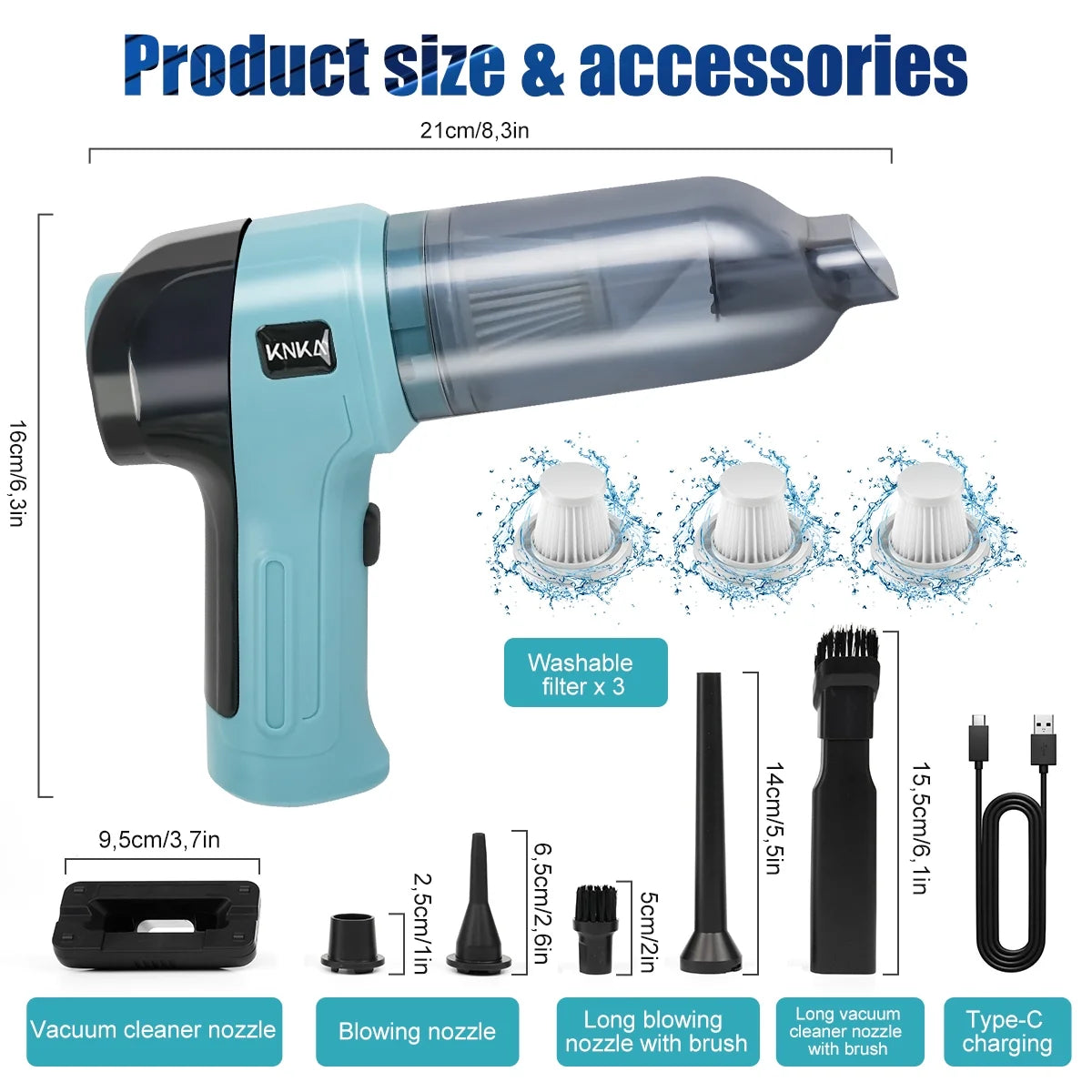 KNKA Car Vacuum Cleaner, Mini Car Vacuum Cleaner for Car, Home and Office, 9000Pa Powerful Suction with 3 Filters, Blue