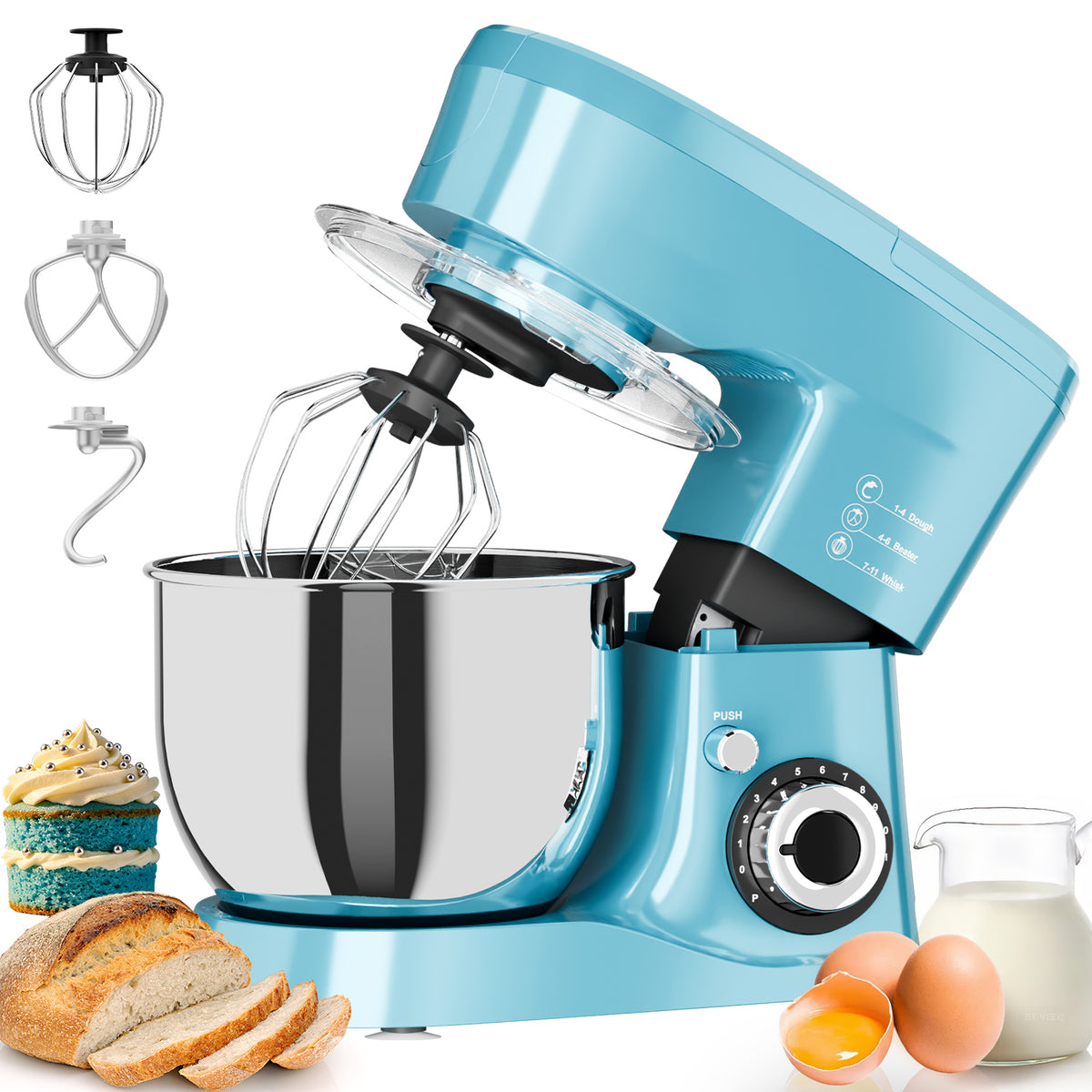 CUOCCO PRO 1000W Stand Mixer - Electric Stand Mixer with 5.5Qt Bowl, 11 Speeds, Dough Hook & Whisk & Beater, Tilt-Head, Dishwasher Safe, Suction Base, Blue