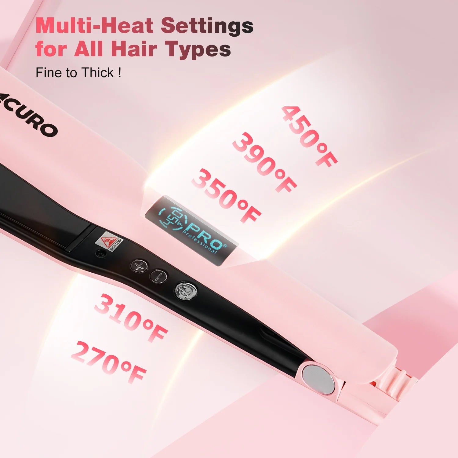 MCURO Hair Straightener, Flat Iron for Hair, 1.5-inch Floating Titanium Wide Plates, Professional Straightener with LCD Display, Dual Voltage, Pink