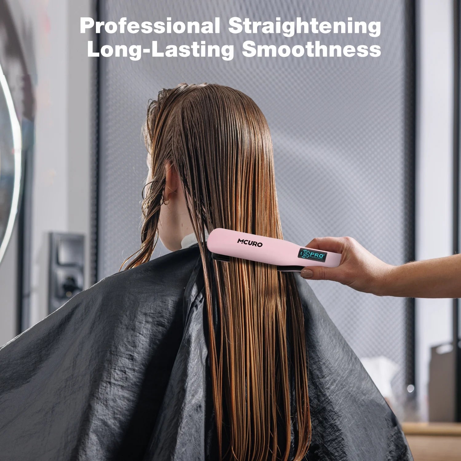 MCURO Hair Straightener, Flat Iron for Hair, 1.5-inch Floating Titanium Wide Plates, Professional Straightener with LCD Display, Dual Voltage, Pink