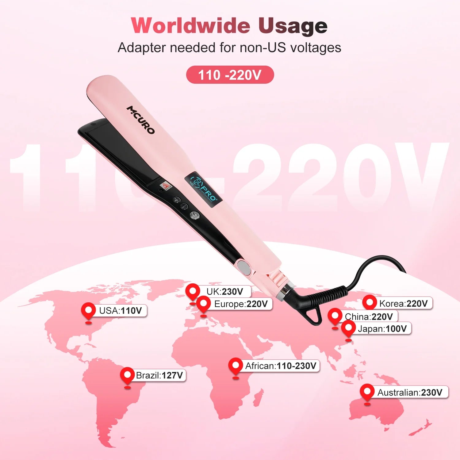 MCURO Hair Straightener, Flat Iron for Hair, 1.5-inch Floating Titanium Wide Plates, Professional Straightener with LCD Display, Dual Voltage, Pink