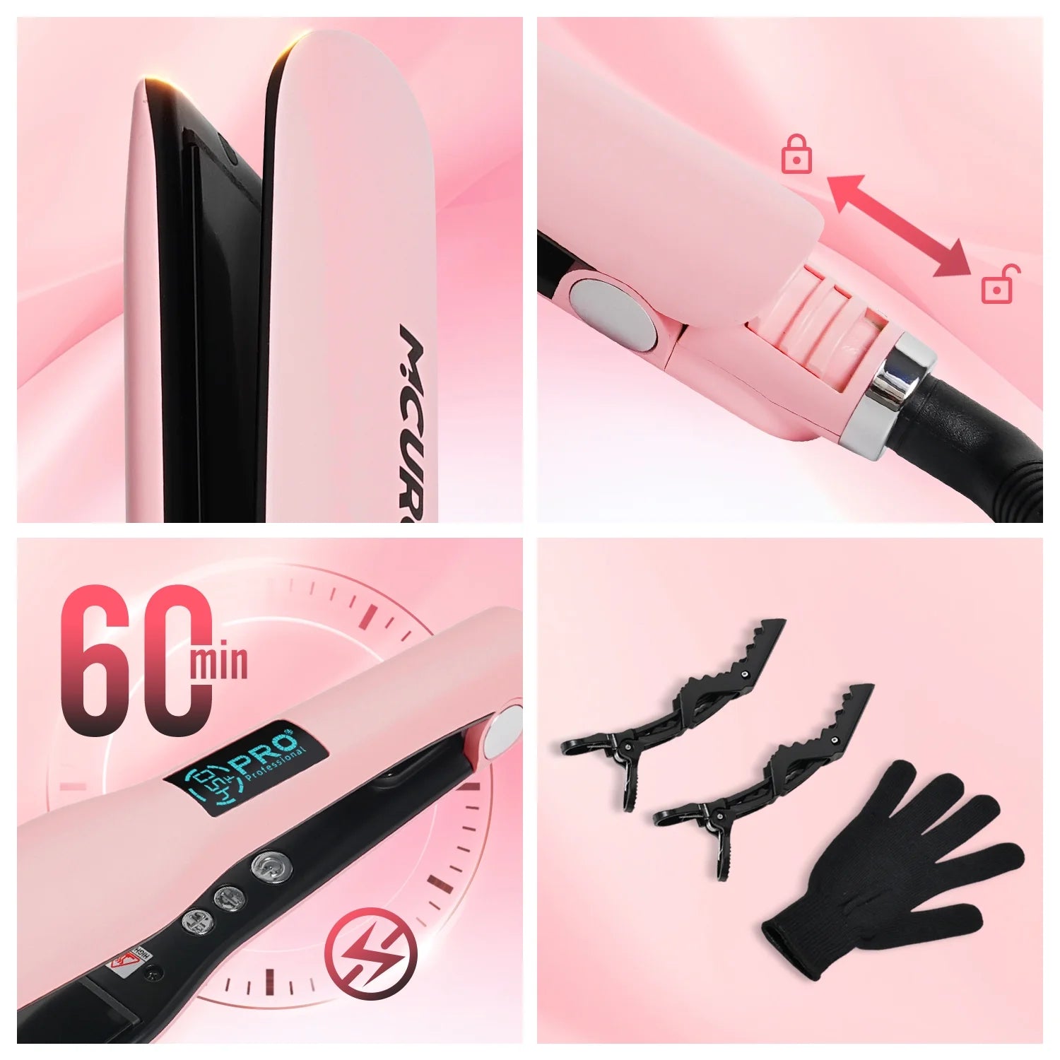 MCURO Hair Straightener, Flat Iron for Hair, 1.5-inch Floating Titanium Wide Plates, Professional Straightener with LCD Display, Dual Voltage, Pink