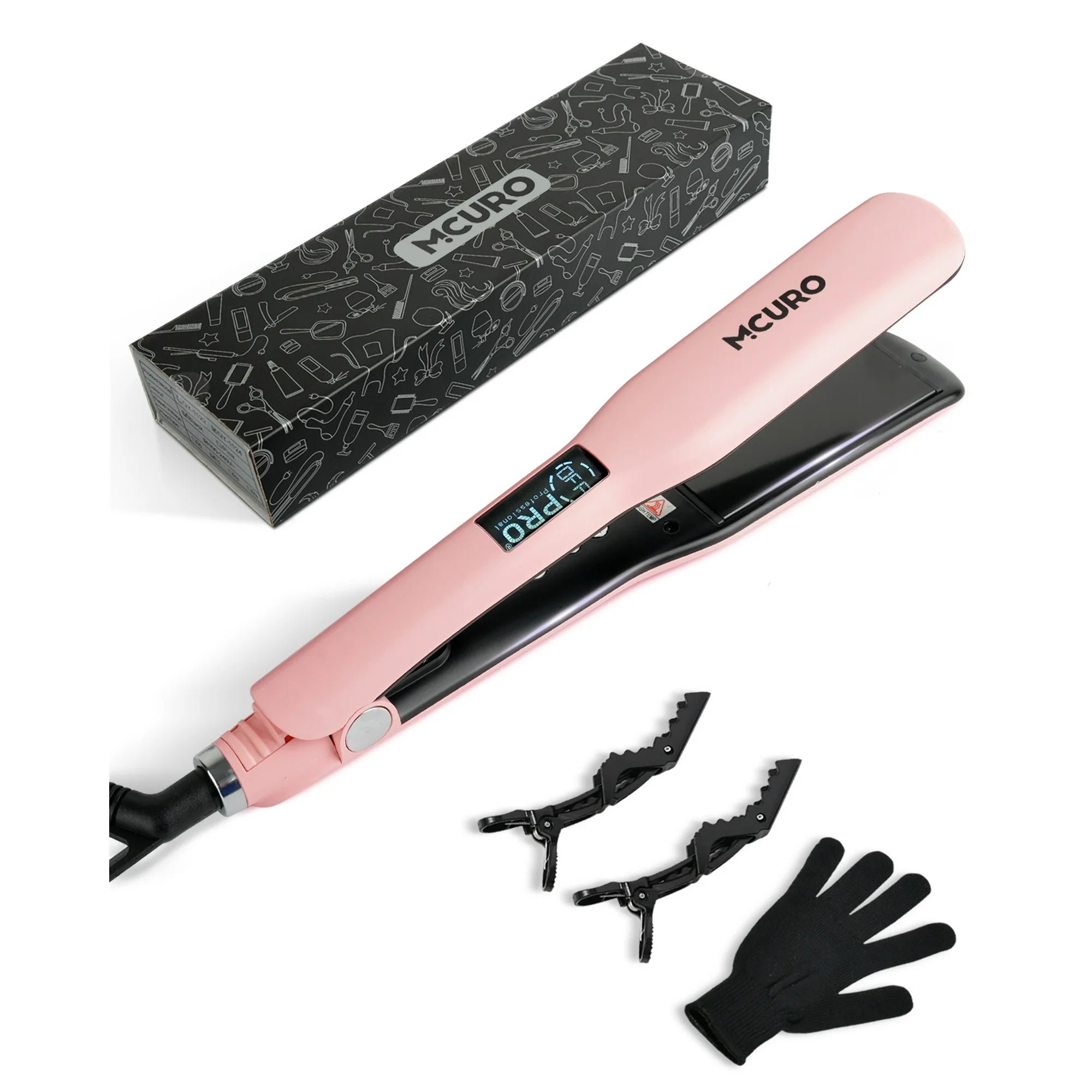 MCURO Hair Straightener, Flat Iron for Hair, 1.5-inch Floating Titanium Wide Plates, Professional Straightener with LCD Display, Dual Voltage, Pink