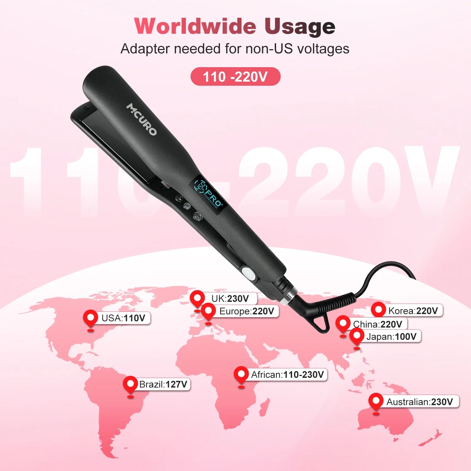 MCURO Hair Straightener, Flat Iron for Hair, 1.5-inch Floating Titanium Wide Plates, Professional Straightener with Digital Display, Dual Voltage, Black