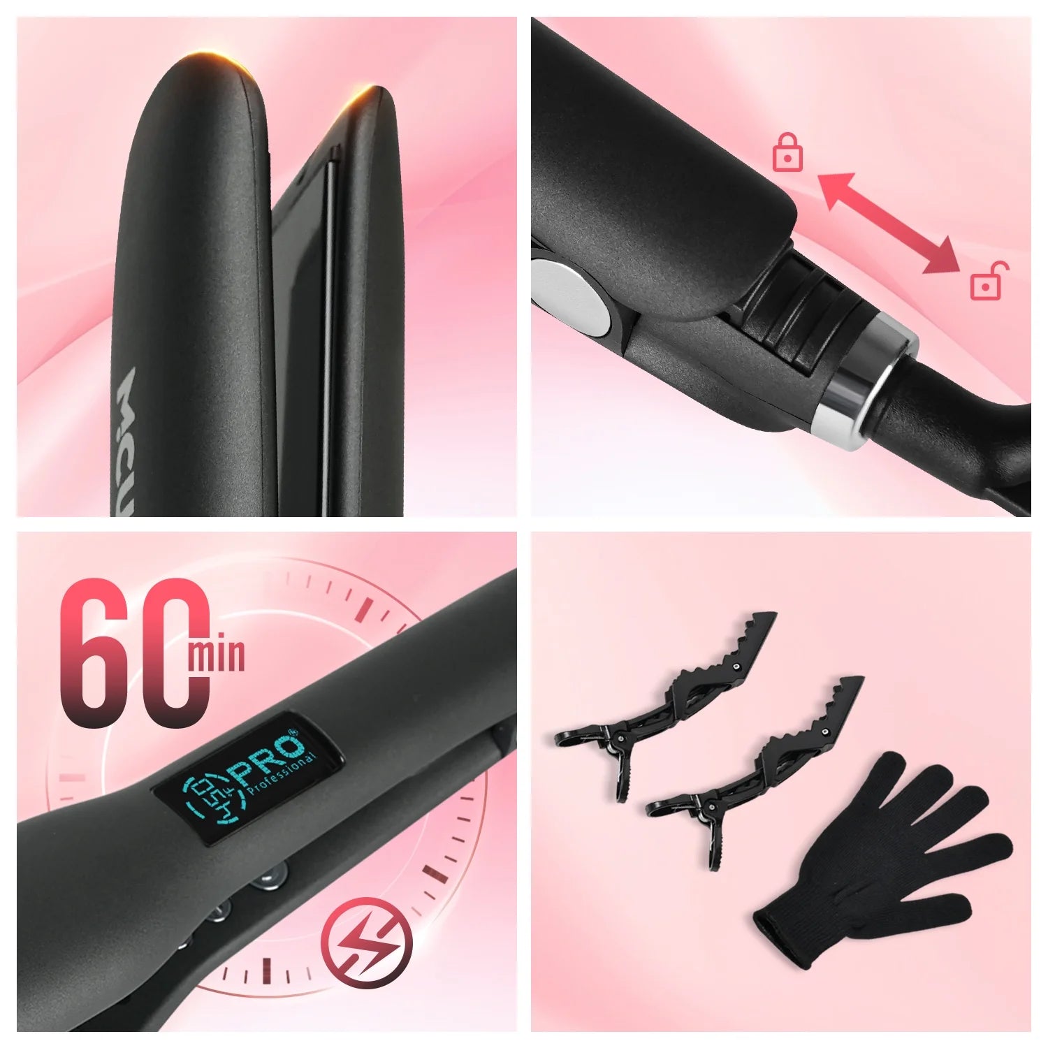 MCURO Hair Straightener, Flat Iron for Hair, 1.5-inch Floating Titanium Wide Plates, Professional Straightener with Digital Display, Dual Voltage, Black