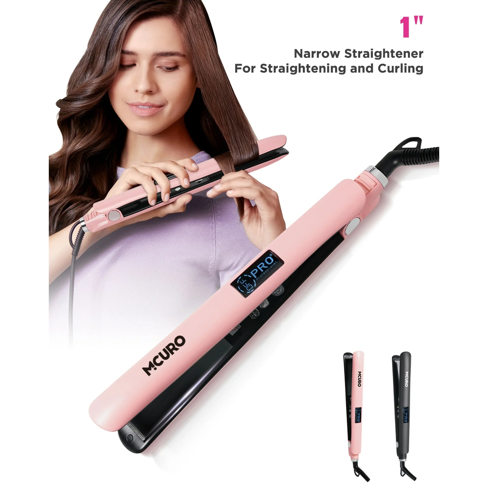 MCURO 1 inch Hair Straightener, Flat Iron for Hair Infused with Keratin, Dual Voltage Flat Iron, Hair Styling Tools, Pink