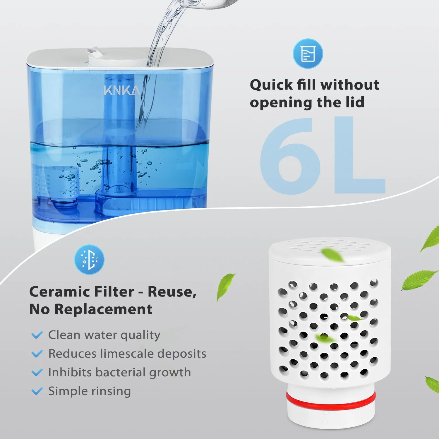 KNKA Humidifier, 6L Humidifier for Room, Cool Mist Humidifier for Home, Baby, and Bedroom, Quiet, Top-Fill, 360° Nozzle, 60-Hour Runtime, White