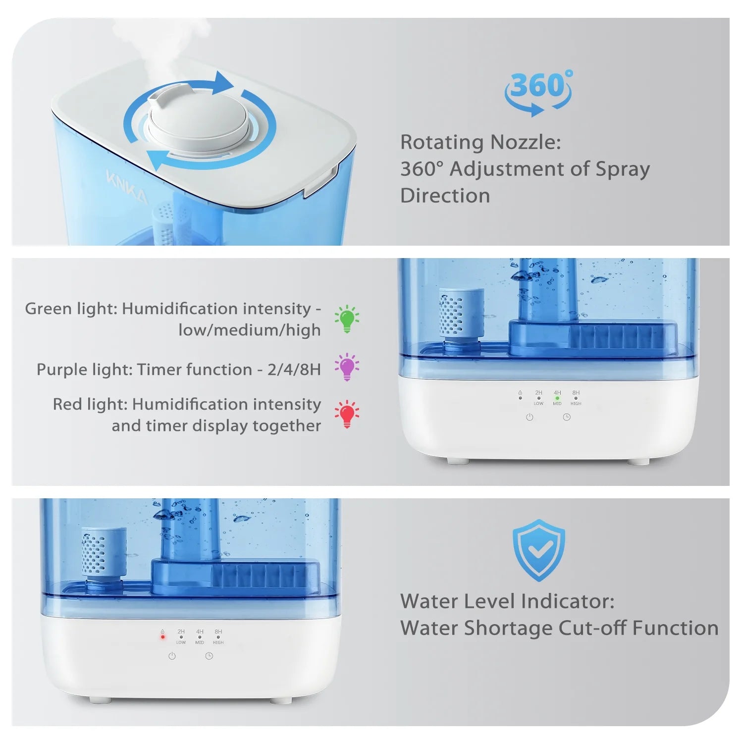KNKA Humidifier, 6L Humidifier for Room, Cool Mist Humidifier for Home, Baby, and Bedroom, Quiet, Top-Fill, 360° Nozzle, 60-Hour Runtime, White