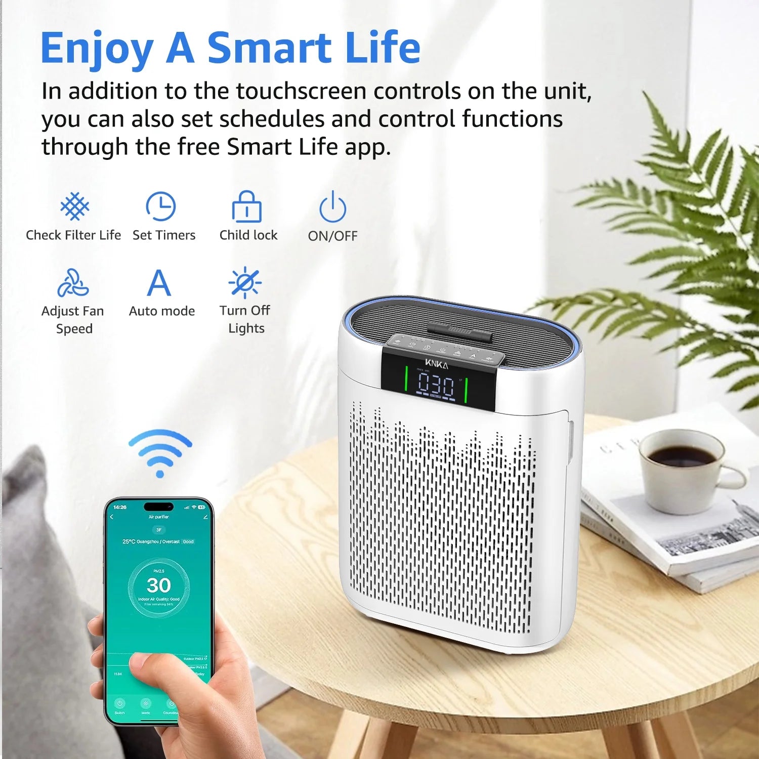 KNKA Air Purifier, HEPA Air Purifiers for Large Rooms up to 2500 Sq. ft., Air Cleaner with Air Quality Monitor, Smart WiFi, and Aromatherapy, for Allergies, Pets, Odors, Dust, Pollen, and Smoke