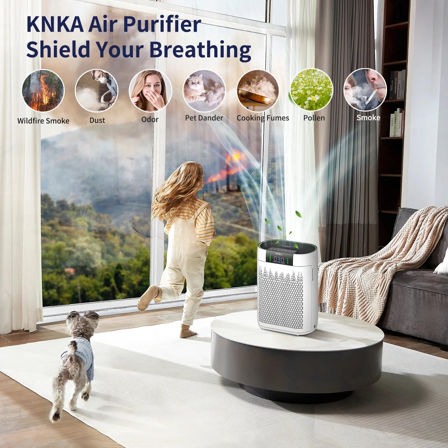 KNKA Air Purifier, HEPA Air Purifiers for Large Rooms up to 2500 Sq. ft., Air Cleaner with Air Quality Monitor, Smart WiFi, and Aromatherapy, for Allergies, Pets, Odors, Dust, Pollen, and Smoke